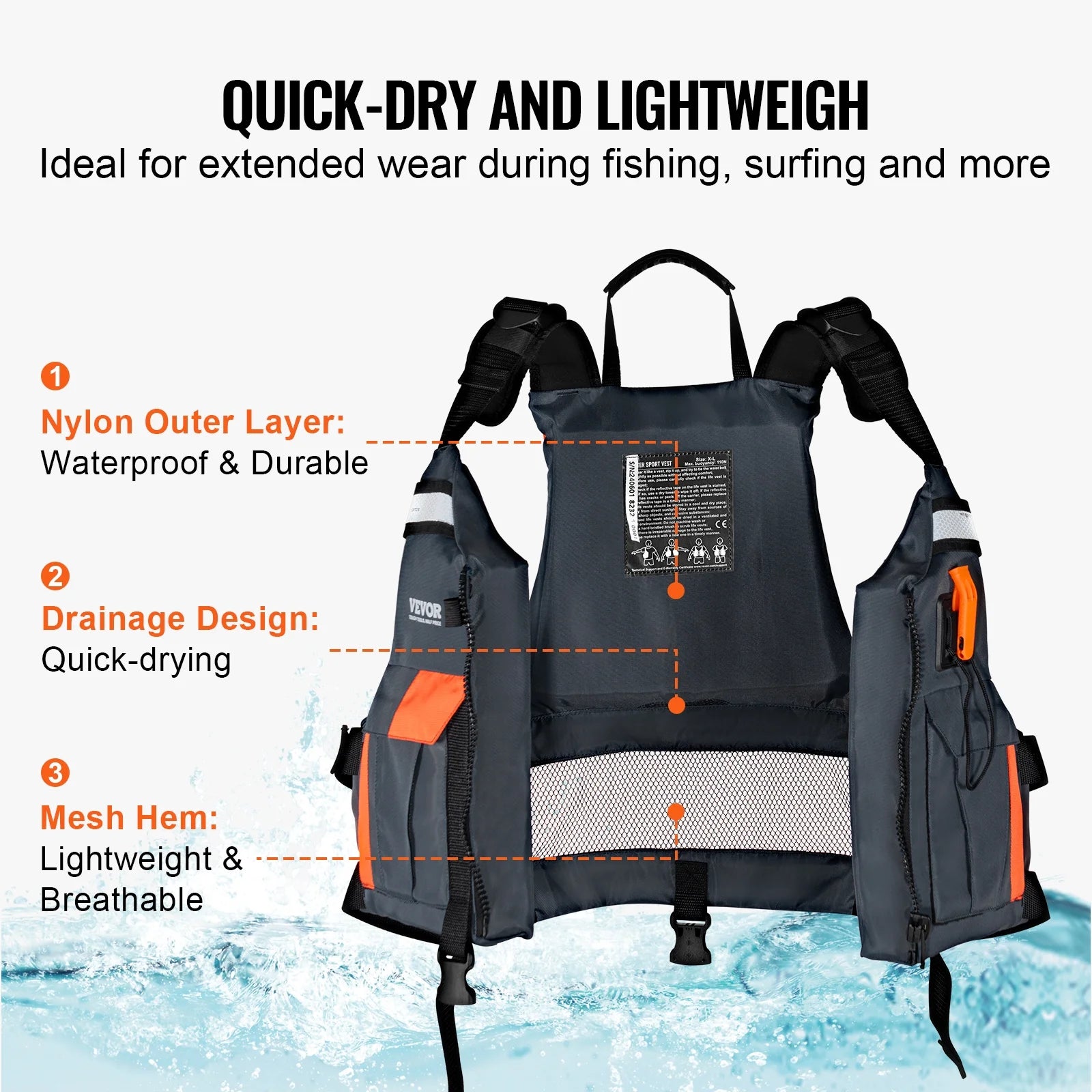 Life Vest for Watersports (PFD), Life Jacket with Waterproof Nylon & 110N Buoyancy, Life Vest/Jacket for Any Water Activity-Fishing, Kayaking, Surfing and More, Men and Women XL
